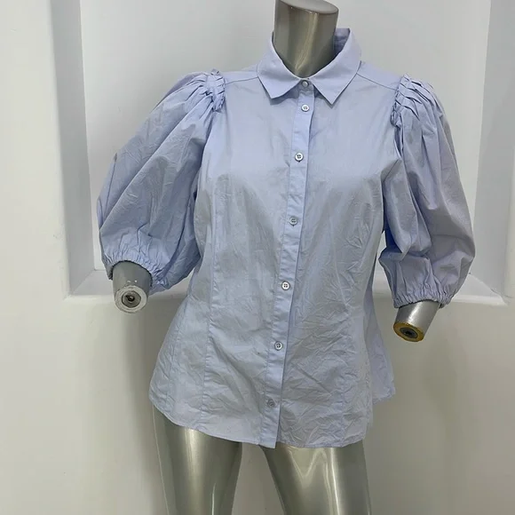 Karen Millen Quarter Balloon Sleeves Blue Button Up Shirt Top K4 - Picture 1 of 13